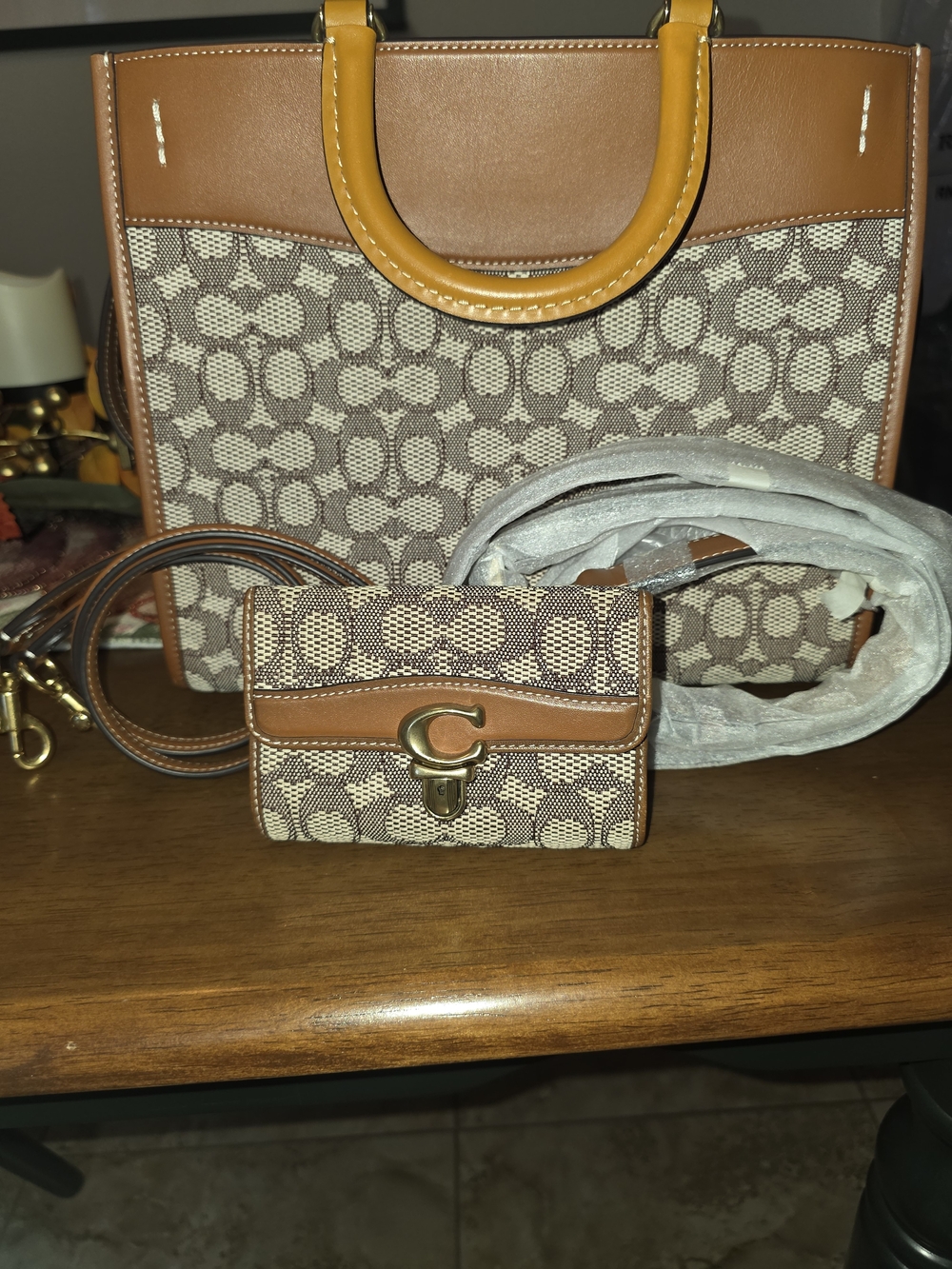 Coach Brown Signature Satchel with Tan Leather Trim and Gold Hardware